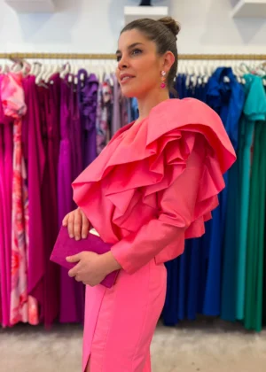 Vestido de fiesta midi con volante tafetán