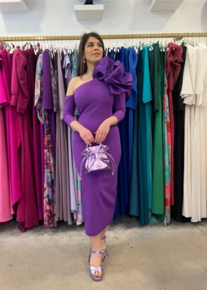 Vestido de fiesta midi asimétrico con abullonado