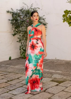 Vestido de fiesta largo estampado con escote halter