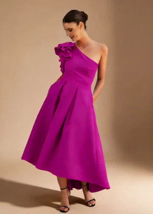 Vestido midi asimétrico con tablas buganvilla