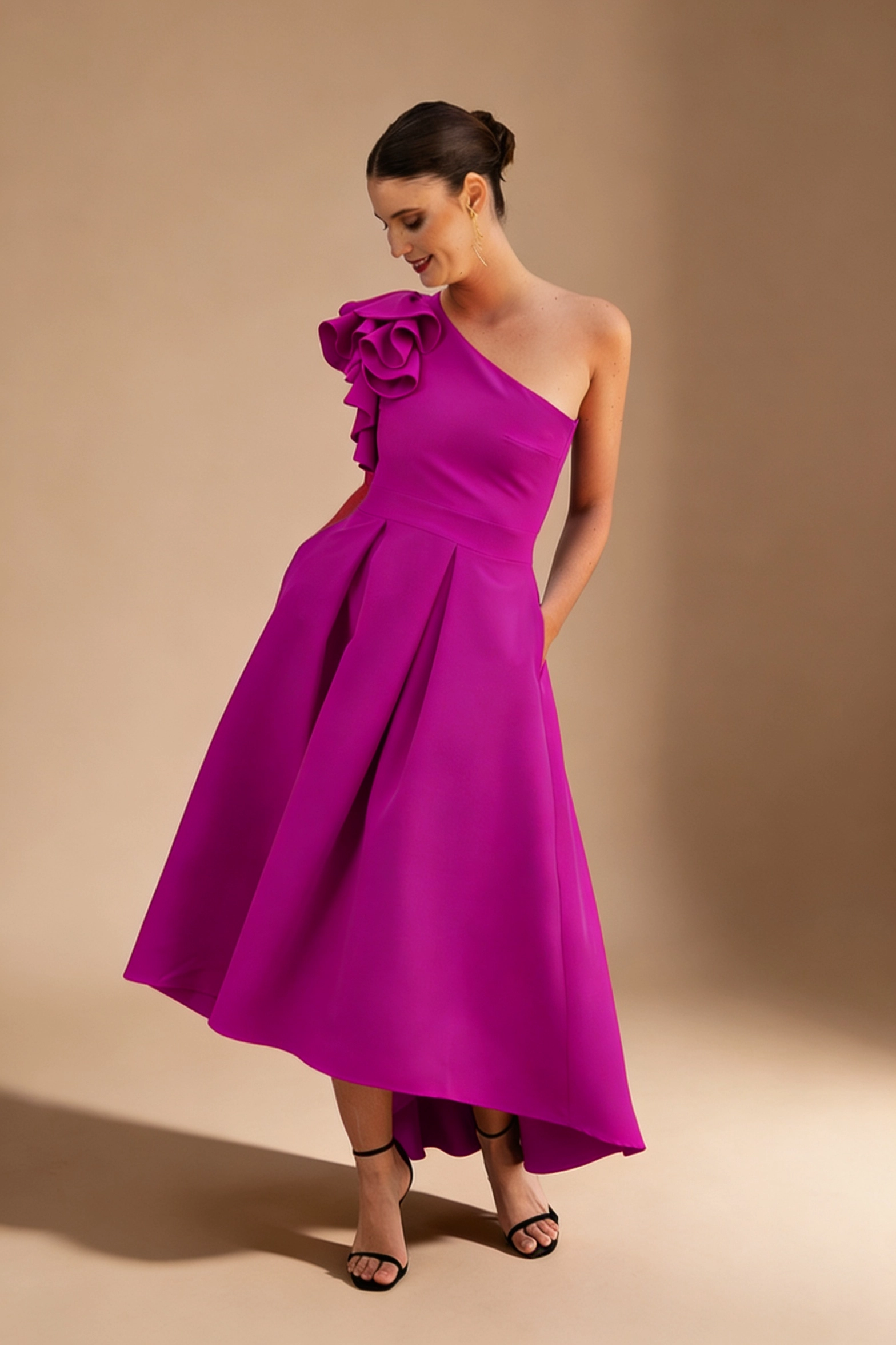 7458_BUGANVILLA copia Vestido midi asimétrico con tablas buganvilla