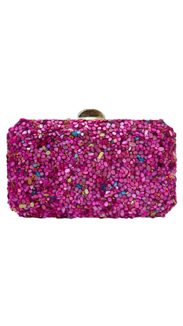 Bolso Clutch Fiesta De Piedras Hexagonal Fucsia