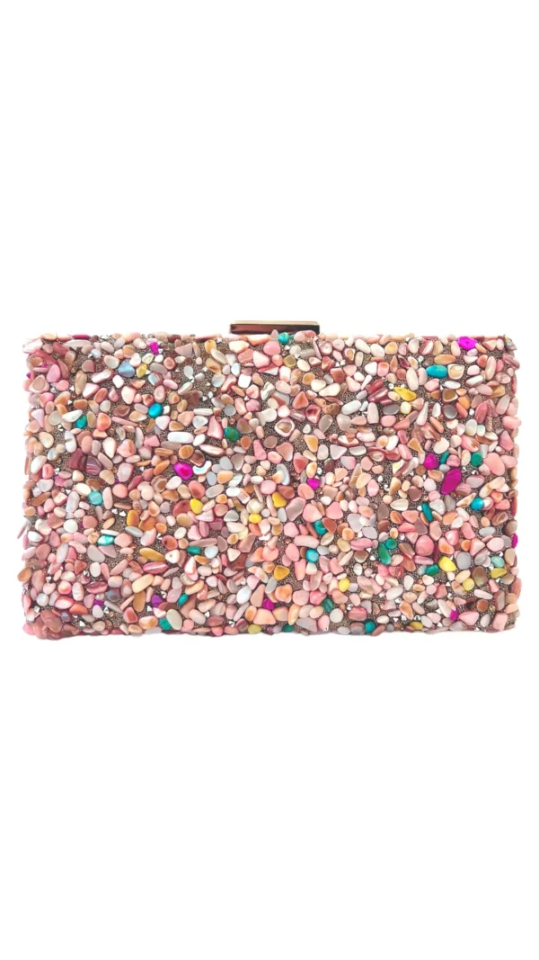 Bolso clutch fiesta con piedras rosa palo