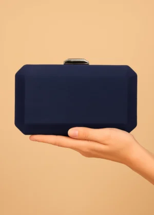 Bolso clutch de antelina azul marino con cierre plata