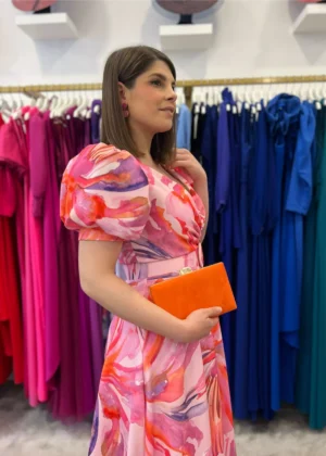 Vestido de fiesta largo estampado con manga farol