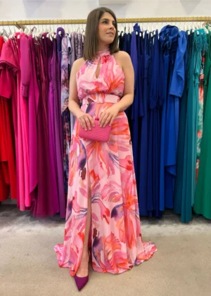 Vestido de fiesta largo estampado con escote halter