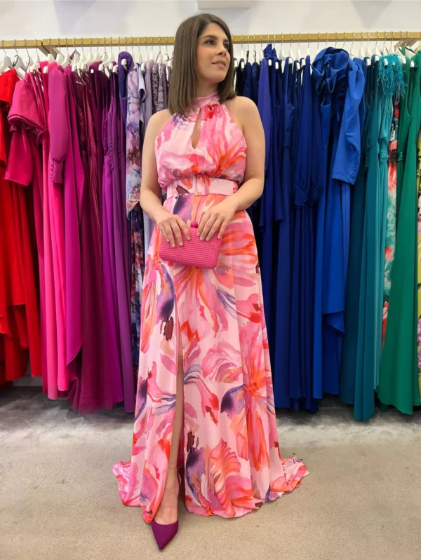 Vestido De Fiesta Largo Estampado Con Escote Halter