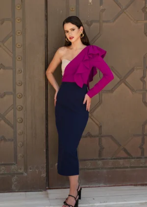 Vestido de fiesta midi asimétrico tricolor