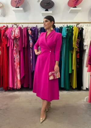 Vestido de fiesta midi efecto chaqueta fucsia