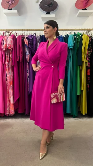 Vestido de fiesta midi efecto chaqueta fucsia