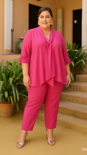 Conjunto coral de pantalon y blusa con plumas