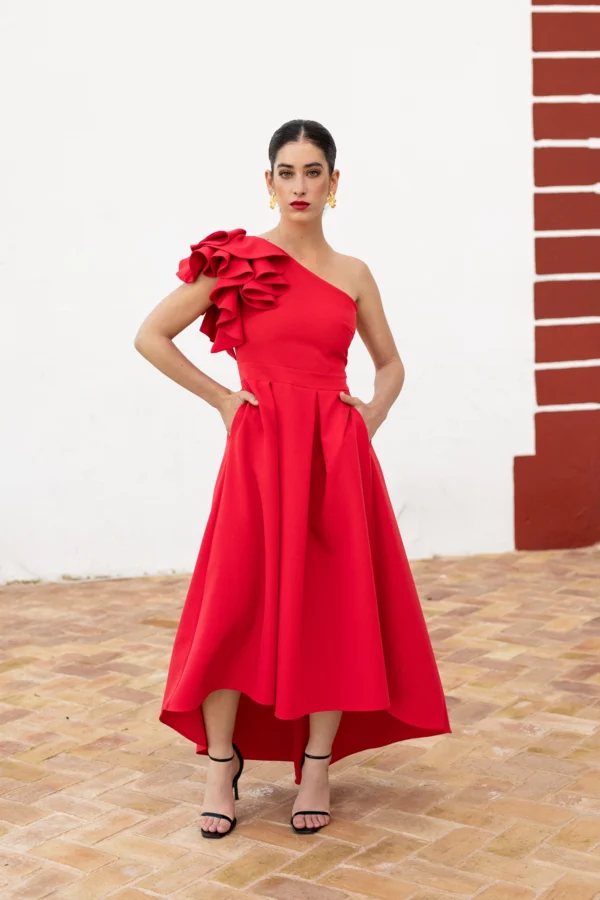 Vestido de fiesta midi asimétrico con tablas rojo