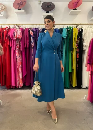 Vestido de fiesta midi efecto chaqueta azul petroleo