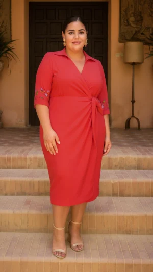 Vestido de fiesta camisero con puño bordado rojo
