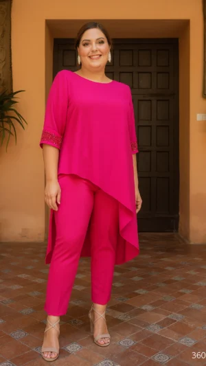 Conjunto de fiesta pantalon y blusa con cristales fucsia