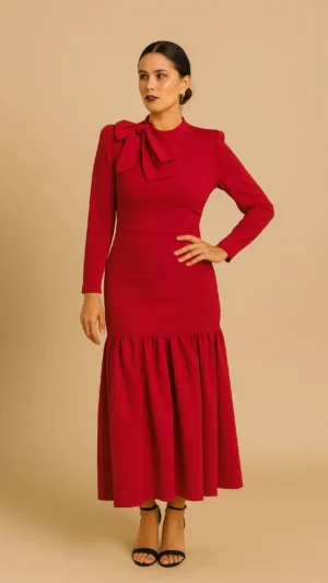 Vestido de fiesta midi con escote cerrado y lazo