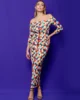 Vestido midi con hombros al aire estampado