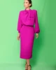 Vestido de fiesta midi con lazada al cuello fucsia