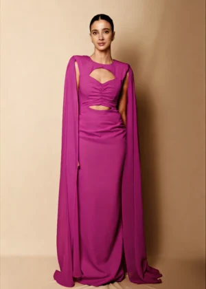 Vestido de fiesta largo con capa de gasa buganvilla