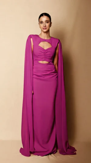 Vestido de fiesta largo con capa de gasa buganvilla