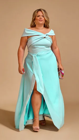 Vestido de fiesta largo con tirantes al hombro verde agua