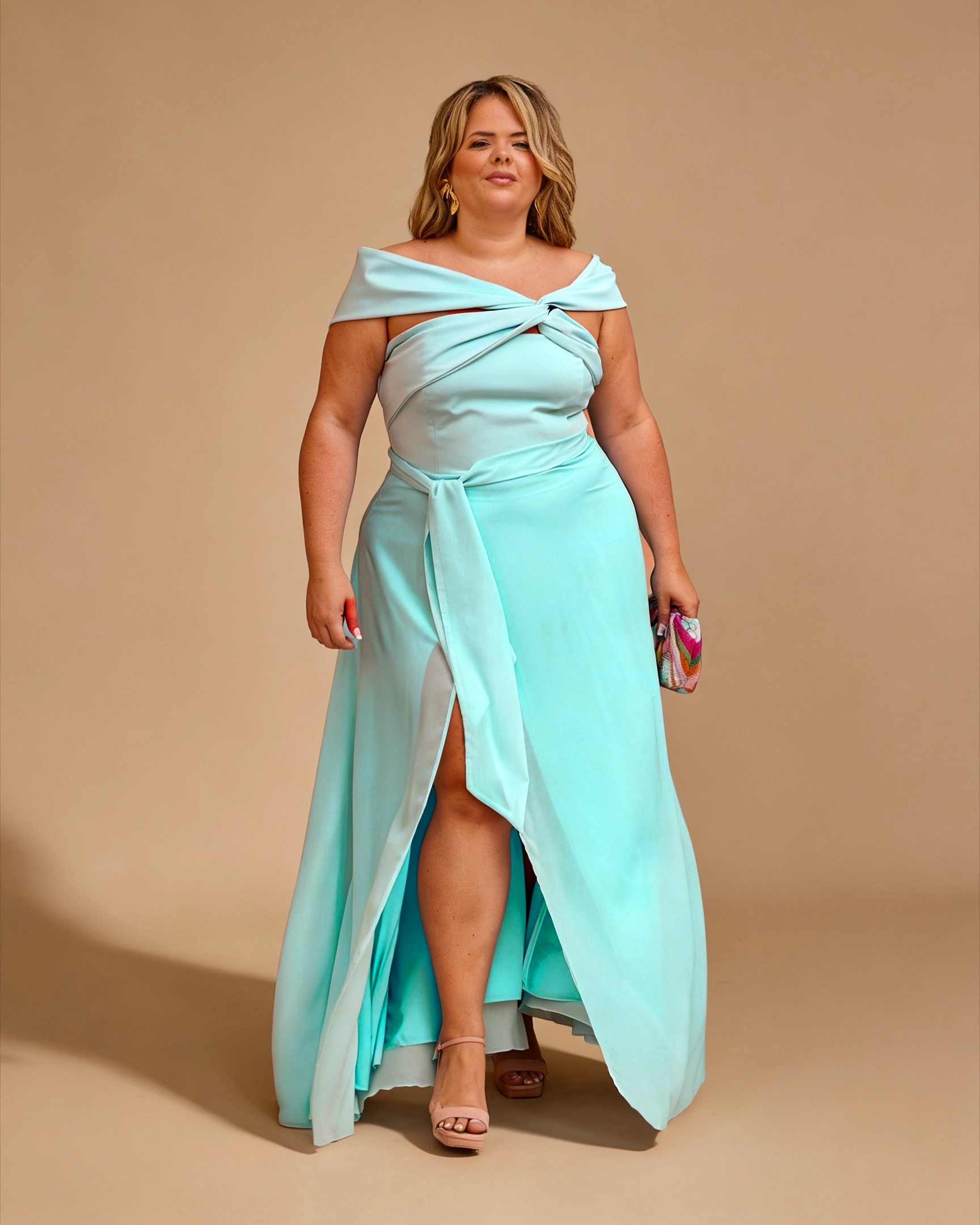 L135 copia Vestido de fiesta largo con tirantes al hombro verde agua