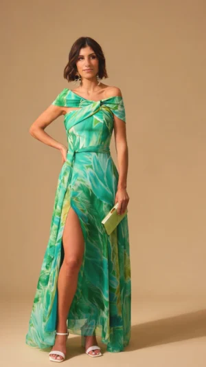 Vestido de fiesta largo con tirantes al hombro estampado