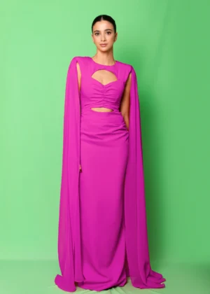 Vestido de fiesta largo con capa de gasa buganvilla