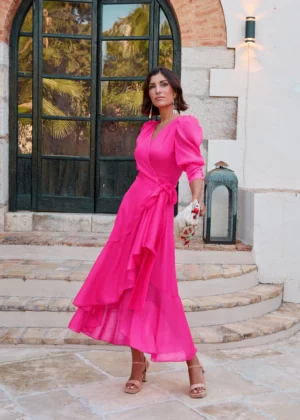 Vestido de fiesta largo cruzado con tela lurex