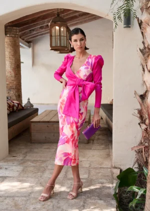 Vestido de fiesta midi con lazada de tafetán estampado