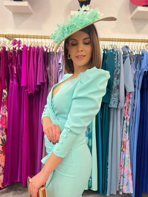 Vestido de fiesta corto con drapeado verde agua