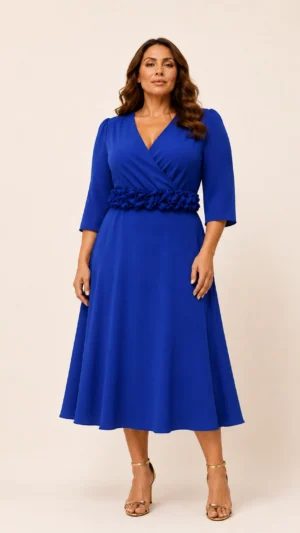 Vestido midi azul tinta con falda de vuelo y flores de tela