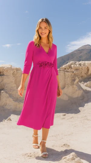Vestido midi de vuelo con adorno de flores fucsia