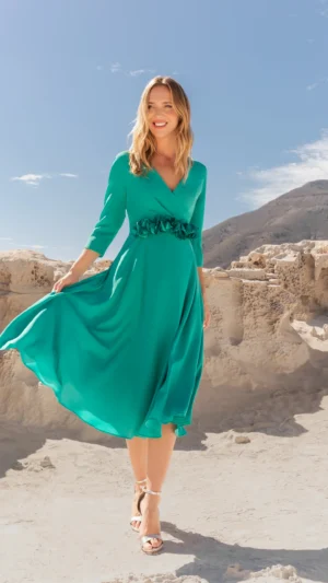 Vestido midi de vuelo con adorno de flores turquesa