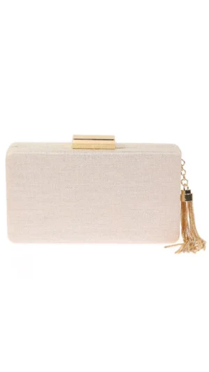 Bolso clutch de rafia metalizada perlada con borla