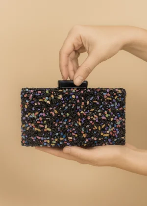 Bolso clutch de fiesta rectangular con piedras negro