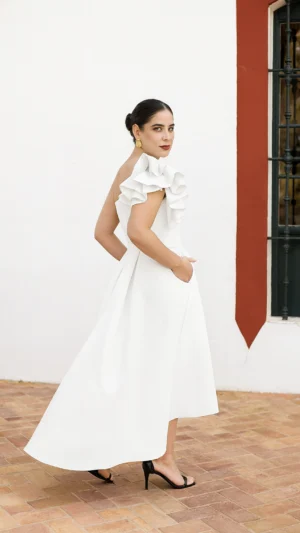 Vestido midi asimétrico con tablas blanco