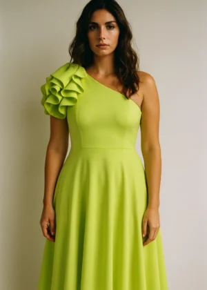 Vestido midi de vuelo con volante al hombro lima
