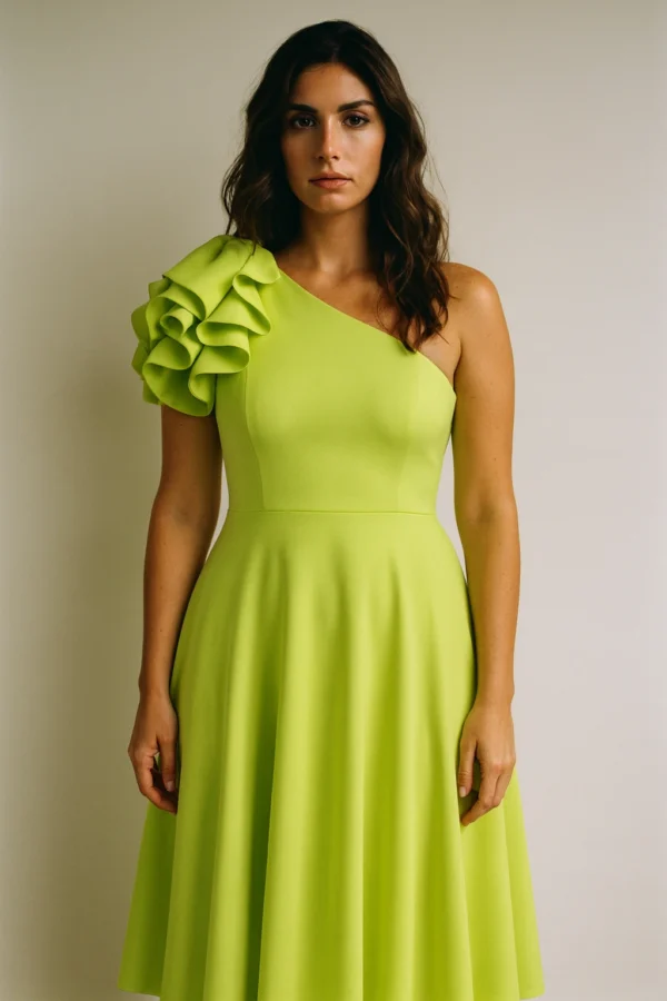Vestido midi de vuelo con volante al hombro lima