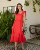 Vestido de fiesta midi escote cuadrado con pasamanería