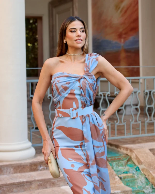 Vestido midi estampado con tirante de gasa