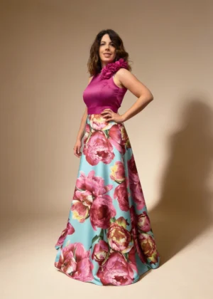 Vestido de fiesta largo con falda estampada