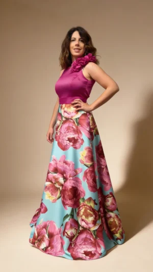 Vestido de fiesta largo con falda estampada