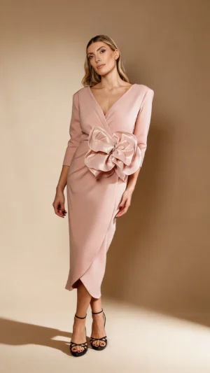 Vestido de fiesta midi con flor de tafetán nude