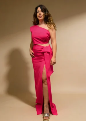 Vestido de fiesta largo de dos piezas rosa chicle
