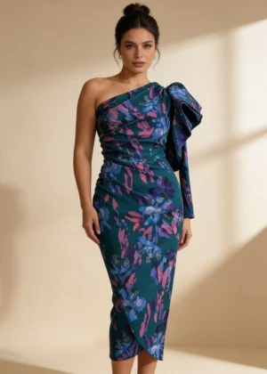 Vestido asimétrico estampado con maxi volante