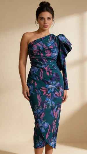 Vestido asimétrico estampado con maxi volante