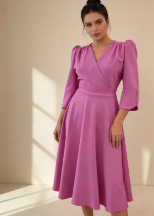 Vestido midi de vuelo con manga francesa malva