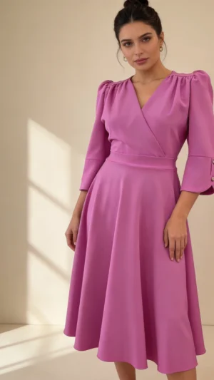 Vestido midi de vuelo con manga francesa malva