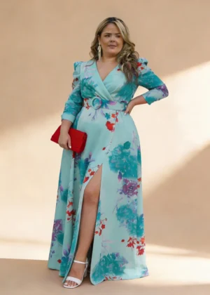 Vestido largo estampado en verdes con falda de vuelo